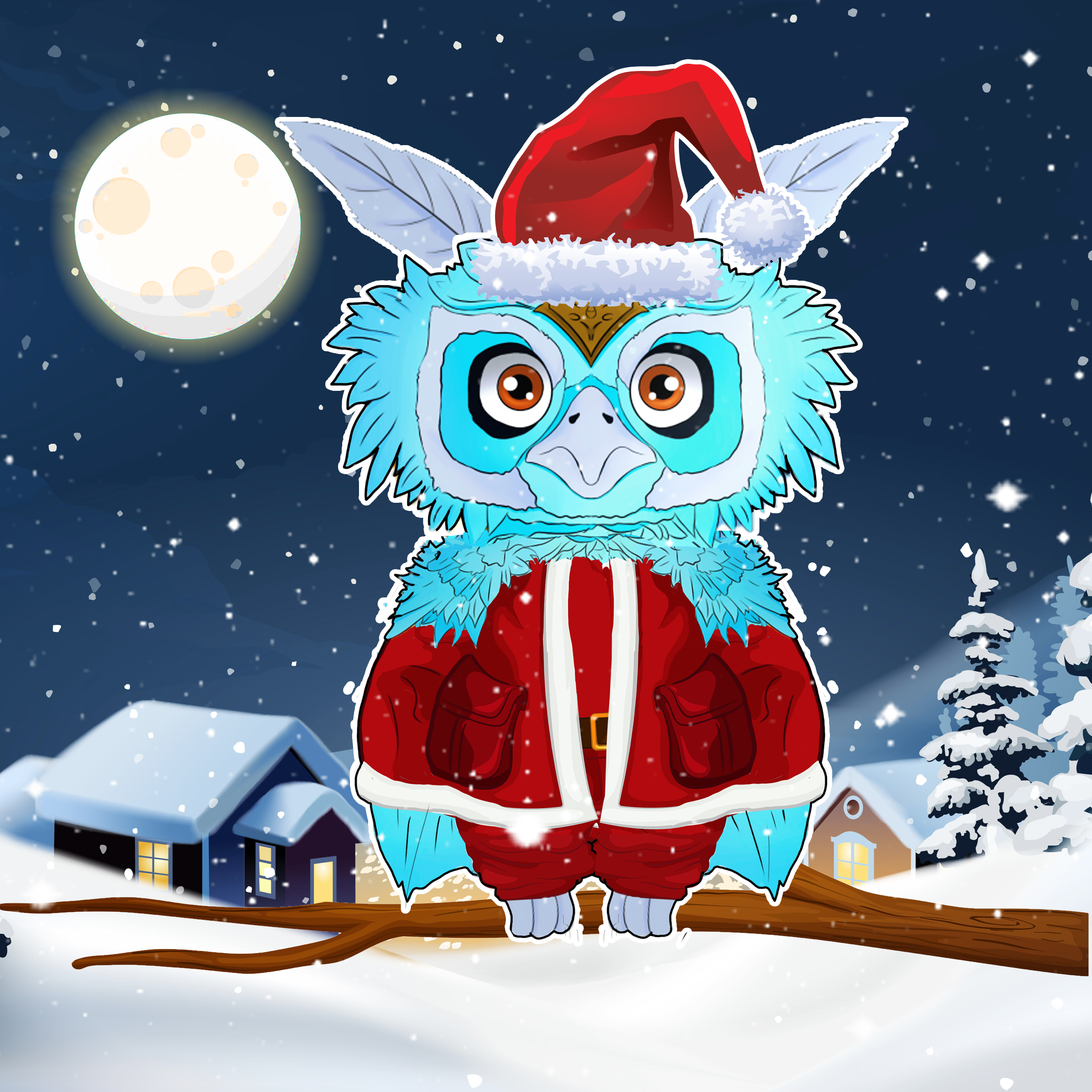 Pius in a santa suit A Blue owl, in a santa suit