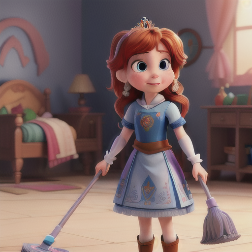 "A child dressed as a maid, using a mop wearing a crown "