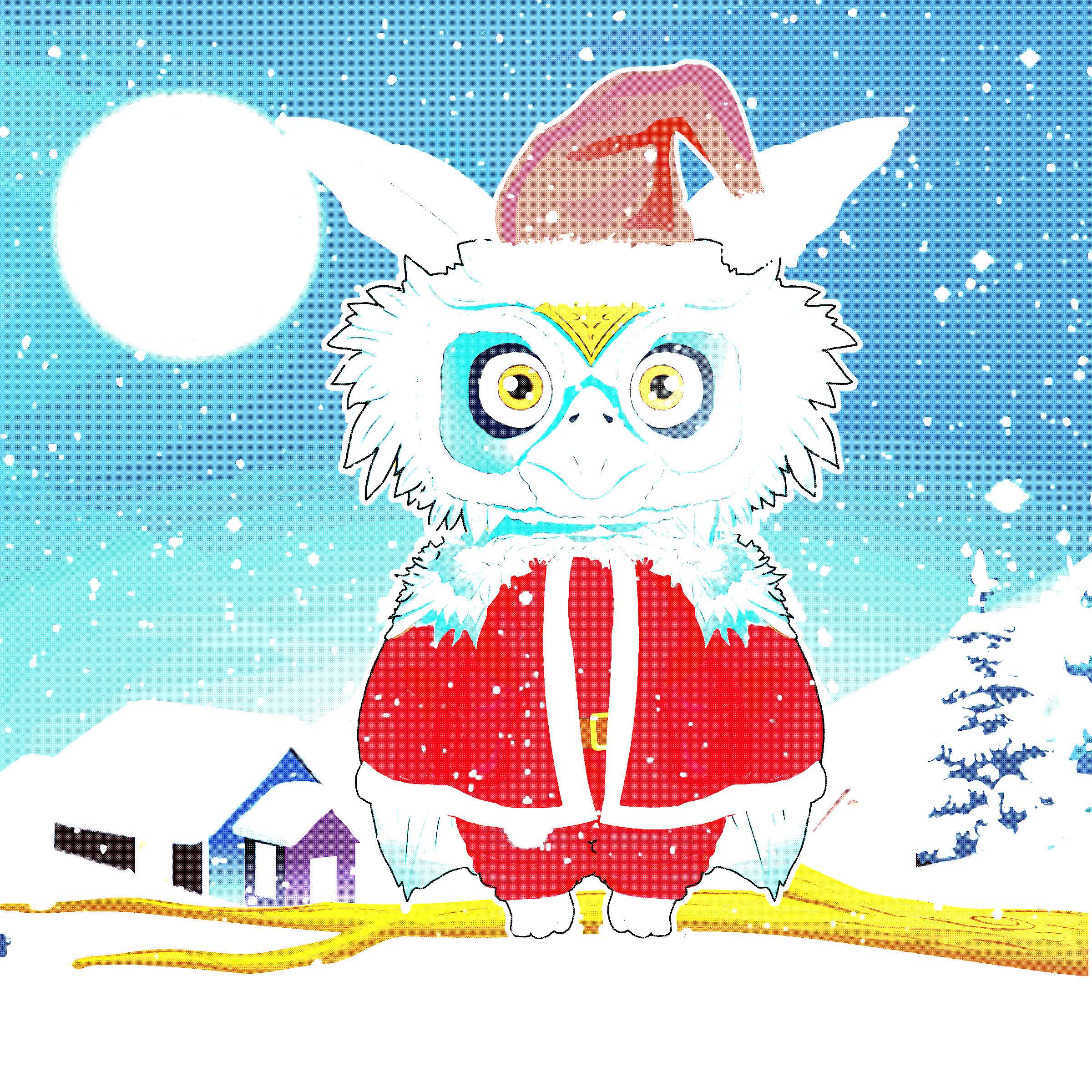 Pius in technocolor A Blue owl, in a santa suit, comic book style