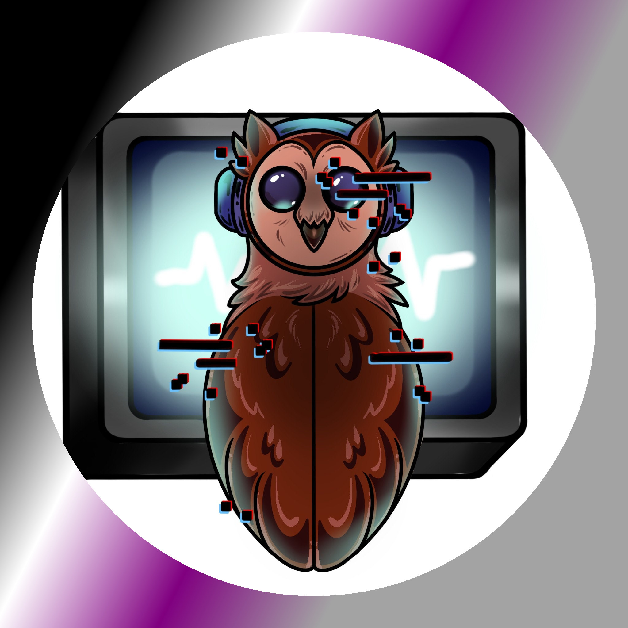 A Brown owl at a computer surrounded by the demisexual pride colors
